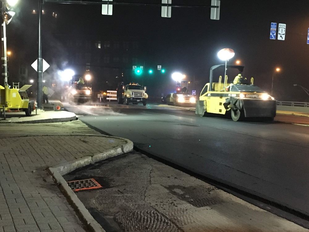 Paving Maine Street at Night at the intersection of Mason Street